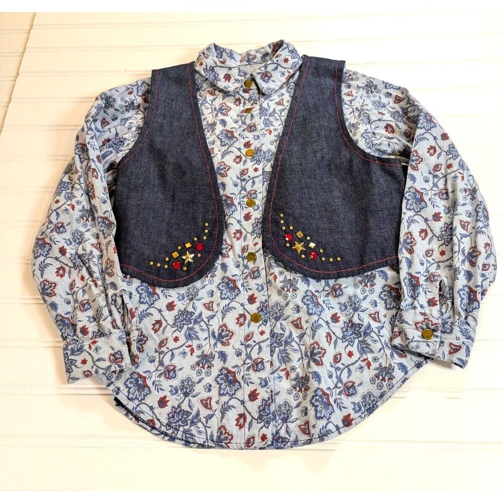 Girls Western Wear Outfit Size 10 Denim Skirt Vest Shirt Floral Costume Handmade - Picture 10 of 16